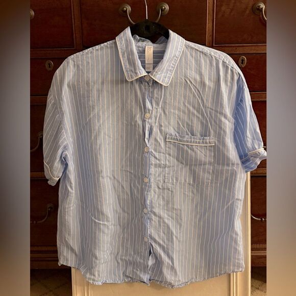 Stars Above Blue and  white striped pajama top shirt button up L - Picture 1 of 9